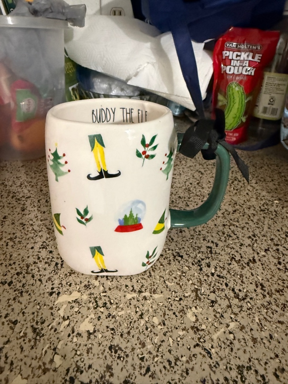 Rae Dunn 'Buddy The Elf' White Mug with Green Handle